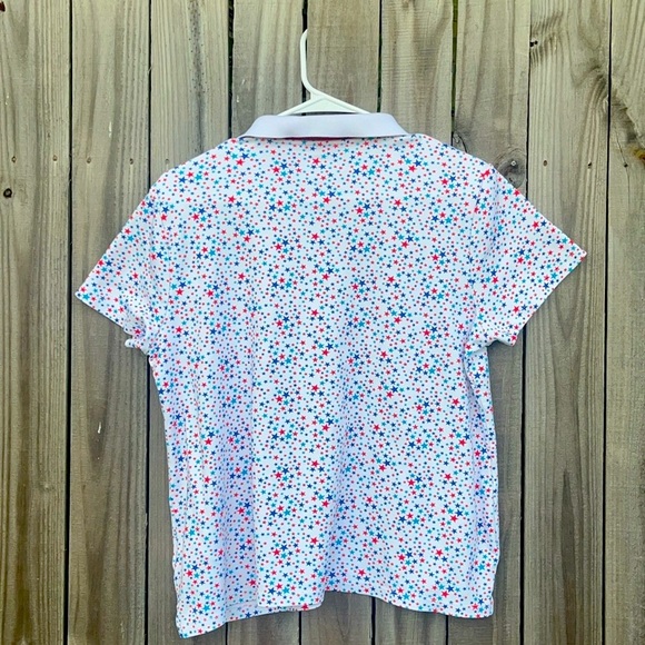 Lands end cotton star collar shirt buttons bottom side slits red white blue top - Picture 2 of 11